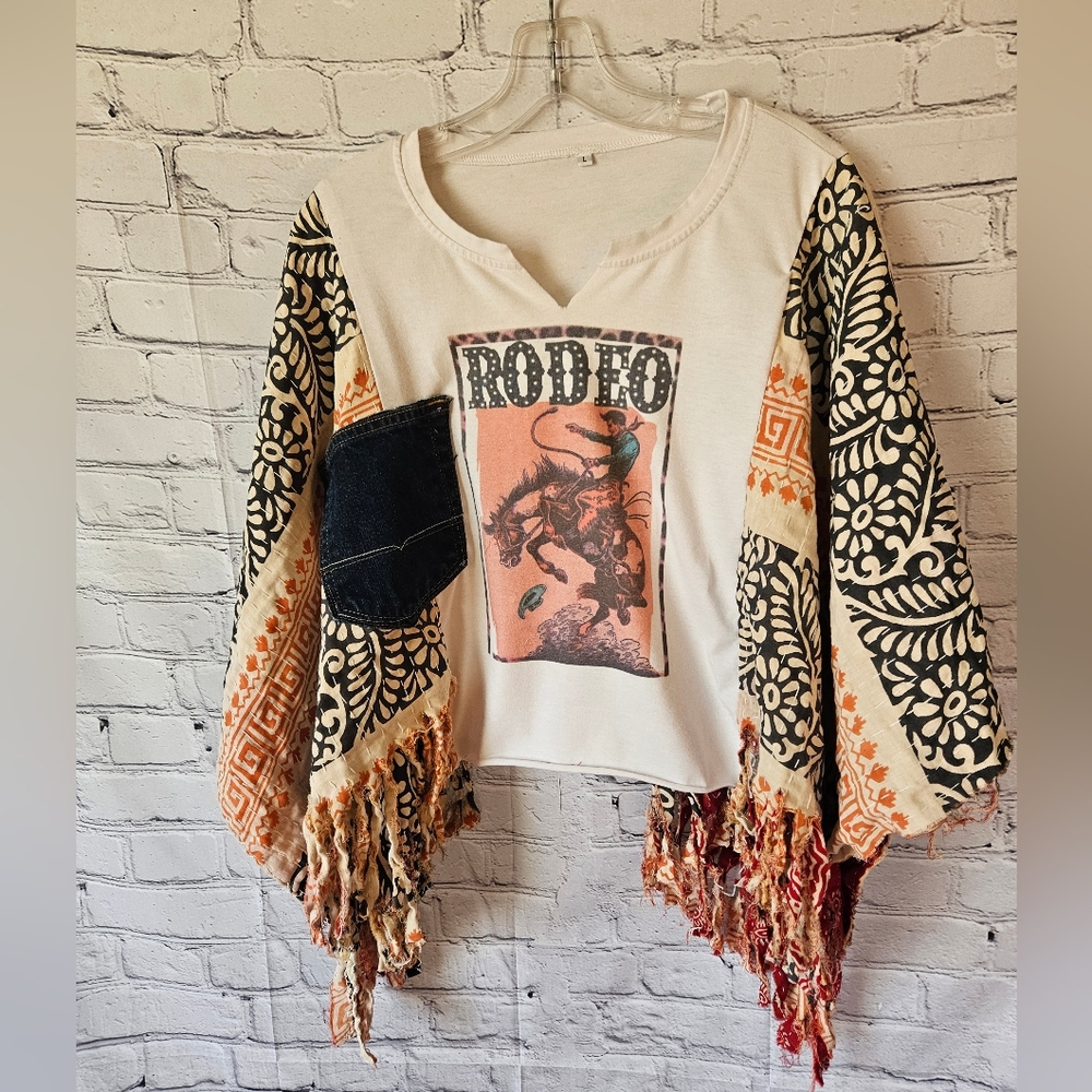 Upcycled Kantha Rodeo Poncho Top OS - Picture 2 of 3